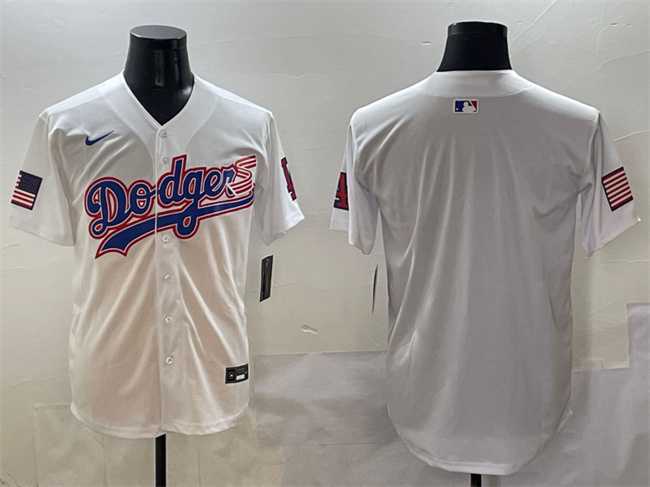 Mens Los Angeles Dodgers Blank White With American Flag Patch Limited Stitched Jersey
